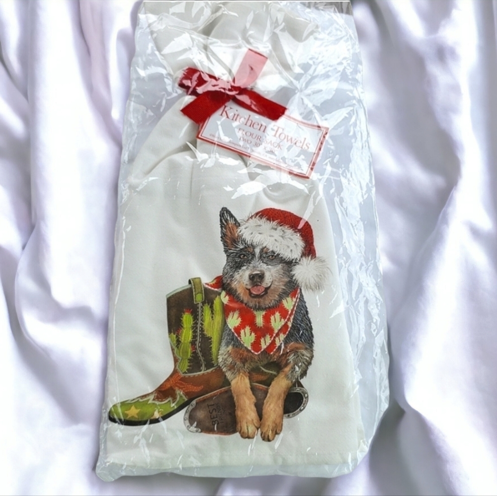 NWT Flour Sack Holiday, Christmas Dog 2 kitchen  towels, sz 30" x 30"
